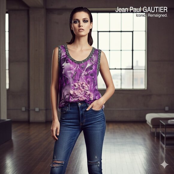 JEAN PAUL GAULTIER SILK PRINT BLOUSE WITH FLOWER APPLIQUE sz S / SMALL - Picture 1 of 12